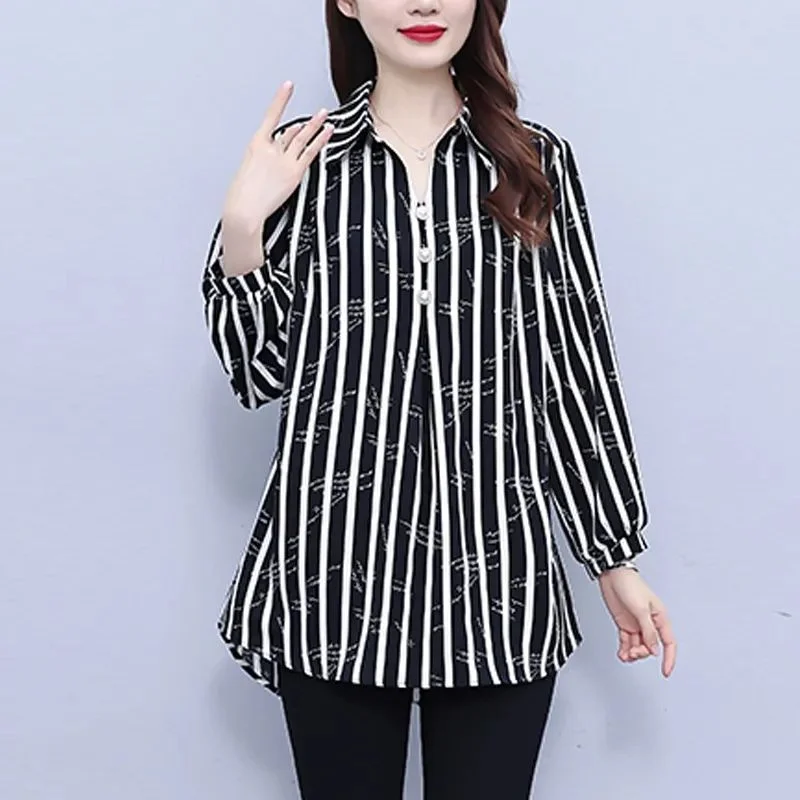 

Mid-length Vertical Striped Shirt for Women Early Autumn New Loose Lapel Women's T-shirt