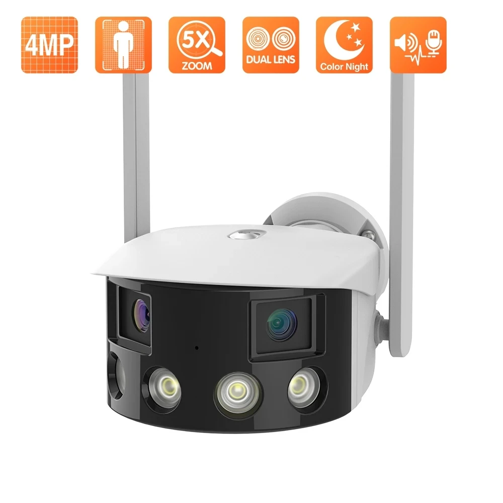 Câmera IP Wifi de lente dupla Techage 4MP 180 °   Câmeras externas de ângulo de visão ultra amplo AI Human Detect Color Night Vision Vigilância