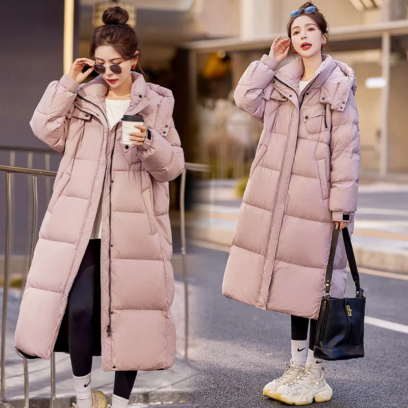 

Long Down Jacket Women Winter 2024 New White Duck Down Thickened Knee Hooded Warm Overcoat Casual Loose Windproof Puffer Jacket