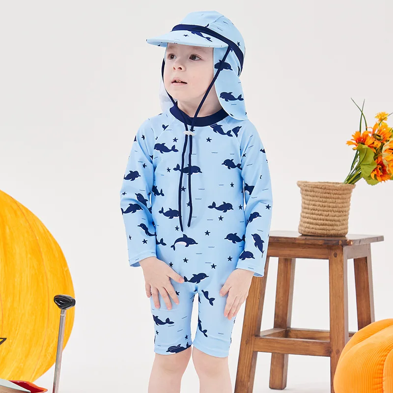 Boys One-piece Swimsuit + Sun Hat Kids Cartoon Dolphin Long Sleeve Sun-protective Quick-dry Surfing Bathing Suit Baby Swimwear