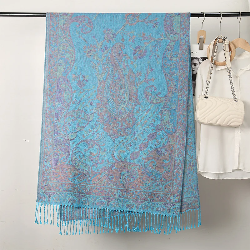 New 70x200CM Luxury Pashmina Silk Scarf Shawl Wrap Paisley Jacquard Flowers Borders Layers Reversible Classic Tassels For Women