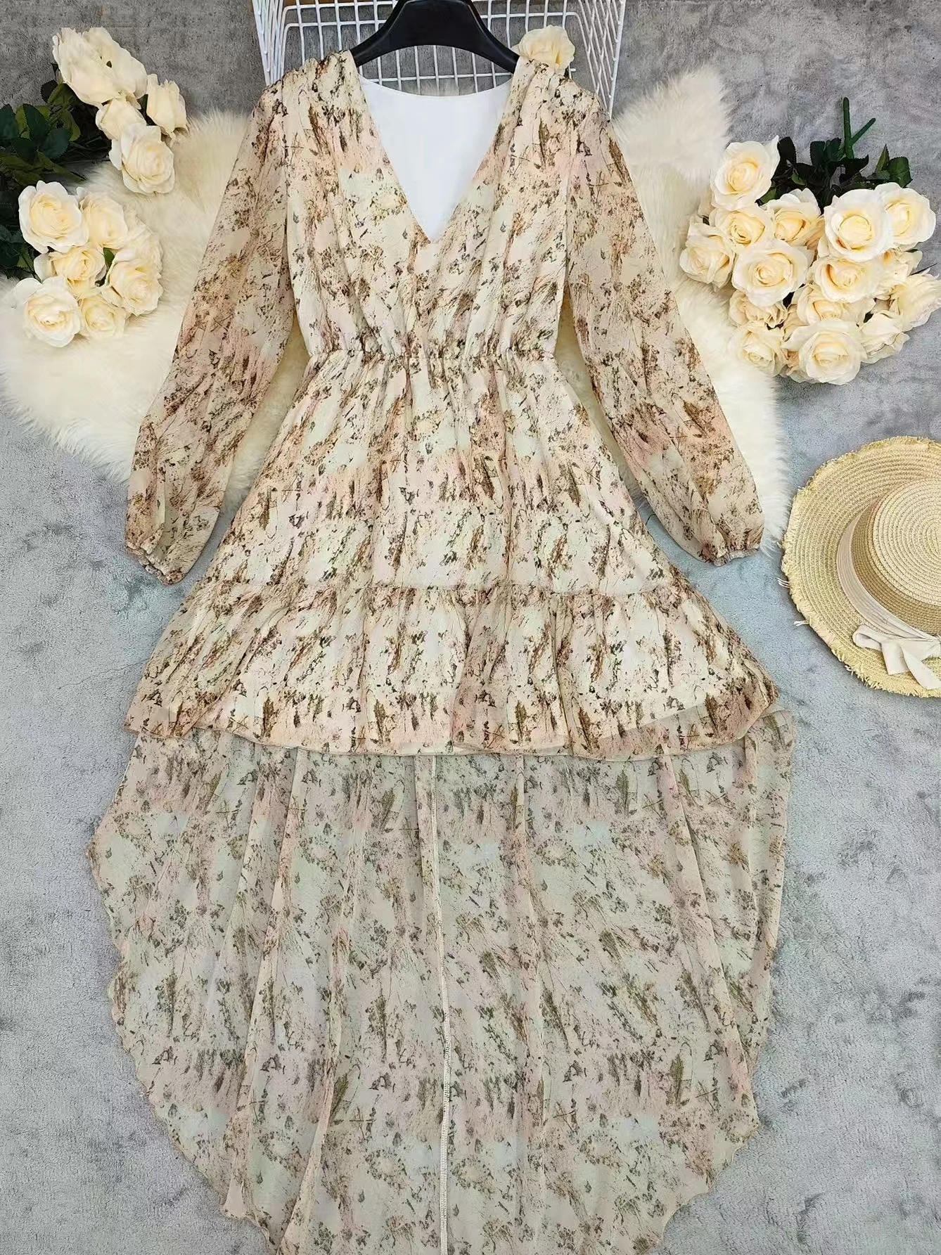 N V넥 롱 스커트 프린트 드레스 불규칙한 밑단 하이웨이스트 플로럴 패턴 데일리웨어 드레스