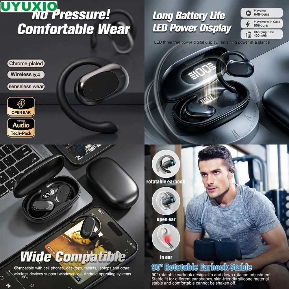 Open Ear Headset and Wireless Earbuds featuring BT 5.4 ENC Mic IPX5 90° Rotatable Hook 16mm Bass LED Display for Sports.