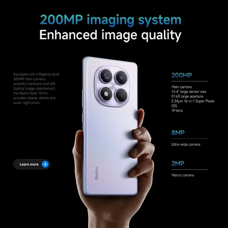 الإصدار العالمي لهاتف Xiaomi Redmi Note 14 Pro 4G الذكي 256GB 512GB MediaTek Helio G100-Ultra 200MP AI كاميرا 45W شحن توربو