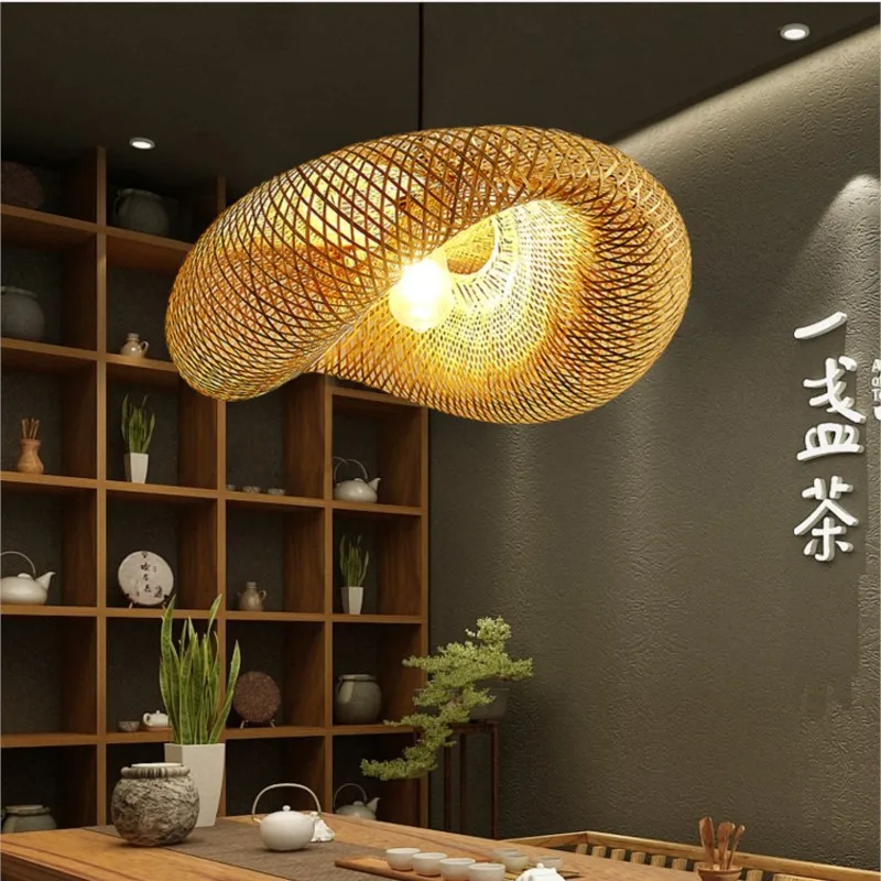 Imagem -03 - Delicado Tecido à Mão de Bambu Decoração de Quarto Iluminação Led Chapéu de Palha Lustre E27 Fonte de Luz Não Incluída 40cm 50 60cm Zk50