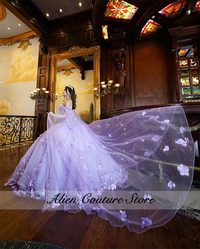 Purple Quinceanera Dresses 2024 Birthday Princess Floral Appliques Sweet 15 Years Girl With Cape Vestidos