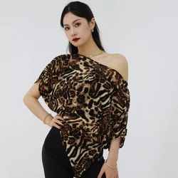 Female Practice Clothes Women Slanted Shoulder Leopard Printed Latin Dance Top Adults Samba Rumba Ballroom Dance Wear SL11148
