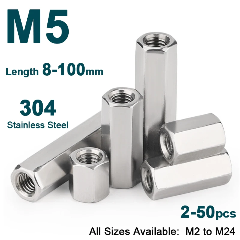 M5 Stainless Steel Long Hex Coupling Nut Through‑Hole Internal‑Thread Hex Standoff Connector Pillars for PCB Motherboard Bracket