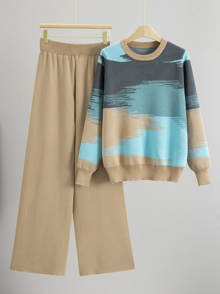 

Knitted O-neck long sleeved fashionable contrasting color top+wide leg long pants sportswear women new casual 2-piece set