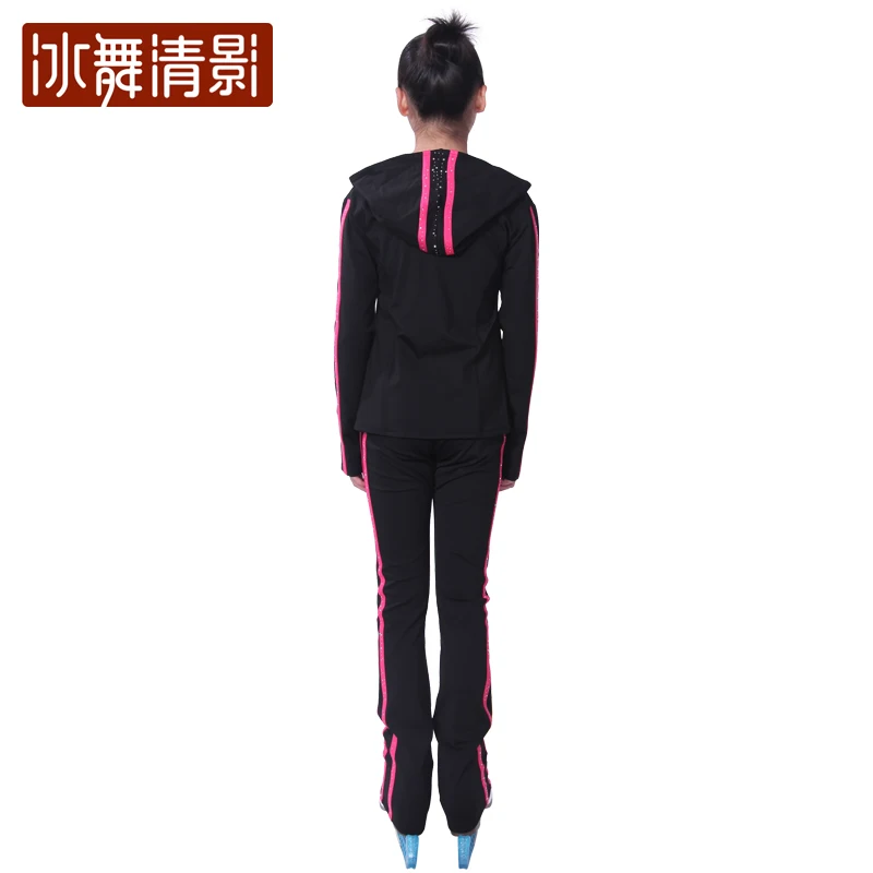 Customized Figure Skating Suits Jacket and Pants Long Trousers for Girl Women Training Ice Skating Warm black pink Mesh sleeve