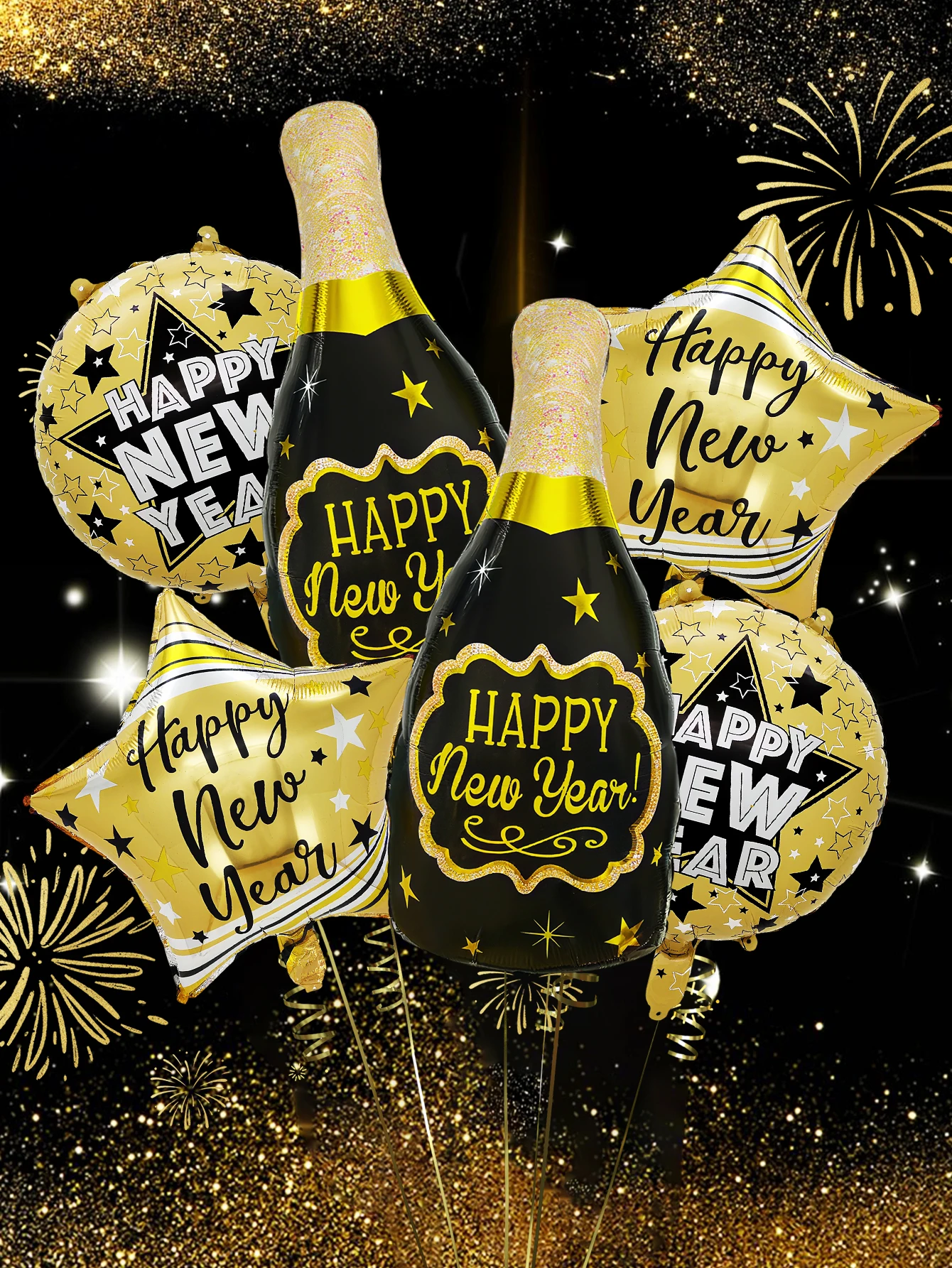 6 uds Feliz Año Nuevo globos de película de aluminio dorado negro, botella de vino 2026 fiesta de Año Nuevo, fiesta de Navidad, decoración de vacaciones de cumpleaños