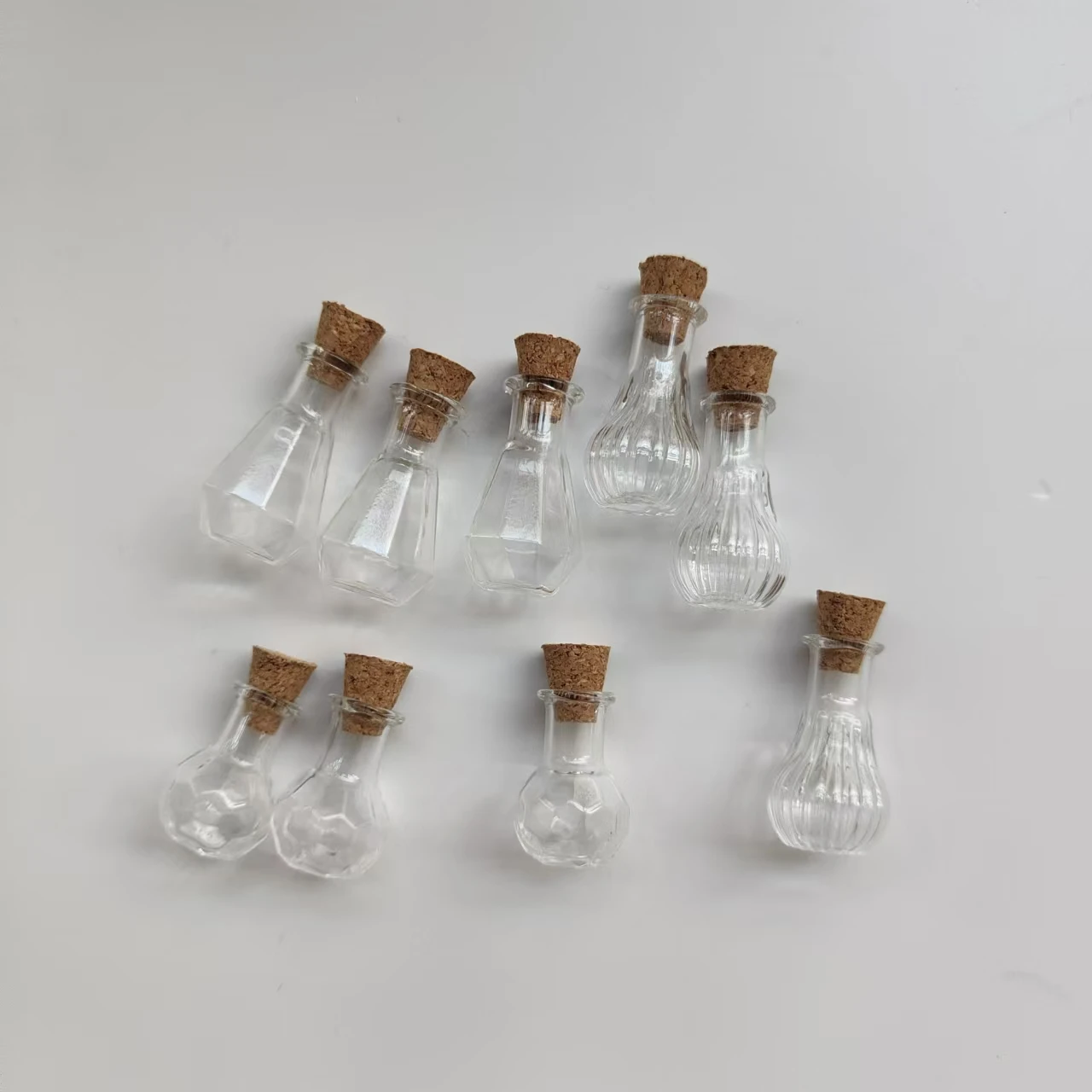 BULK 9pcs Tiny glass bottles with cork Clear Diamond-shaped ,Faceted, Bulb-shaped EMPTY fillable