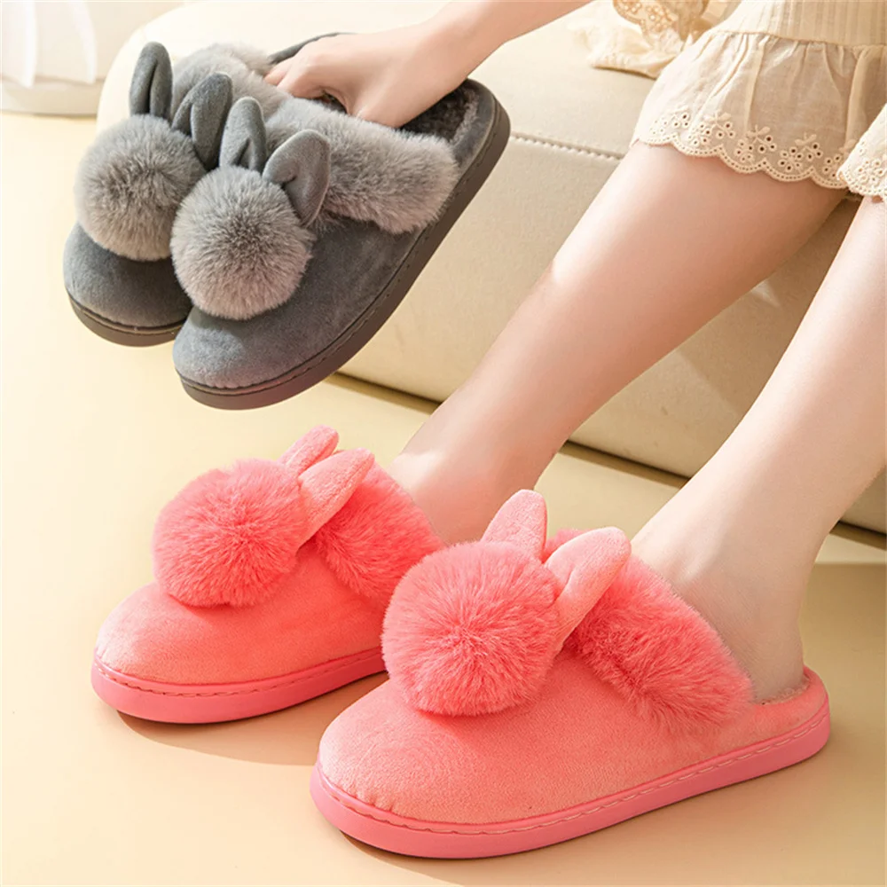 Cartoon Bunny Ears Fur Cotton Shoes Winter Warm Home Slippers Thickened Plush Women'S Slippers Non-Slip Silent Flat Shoes