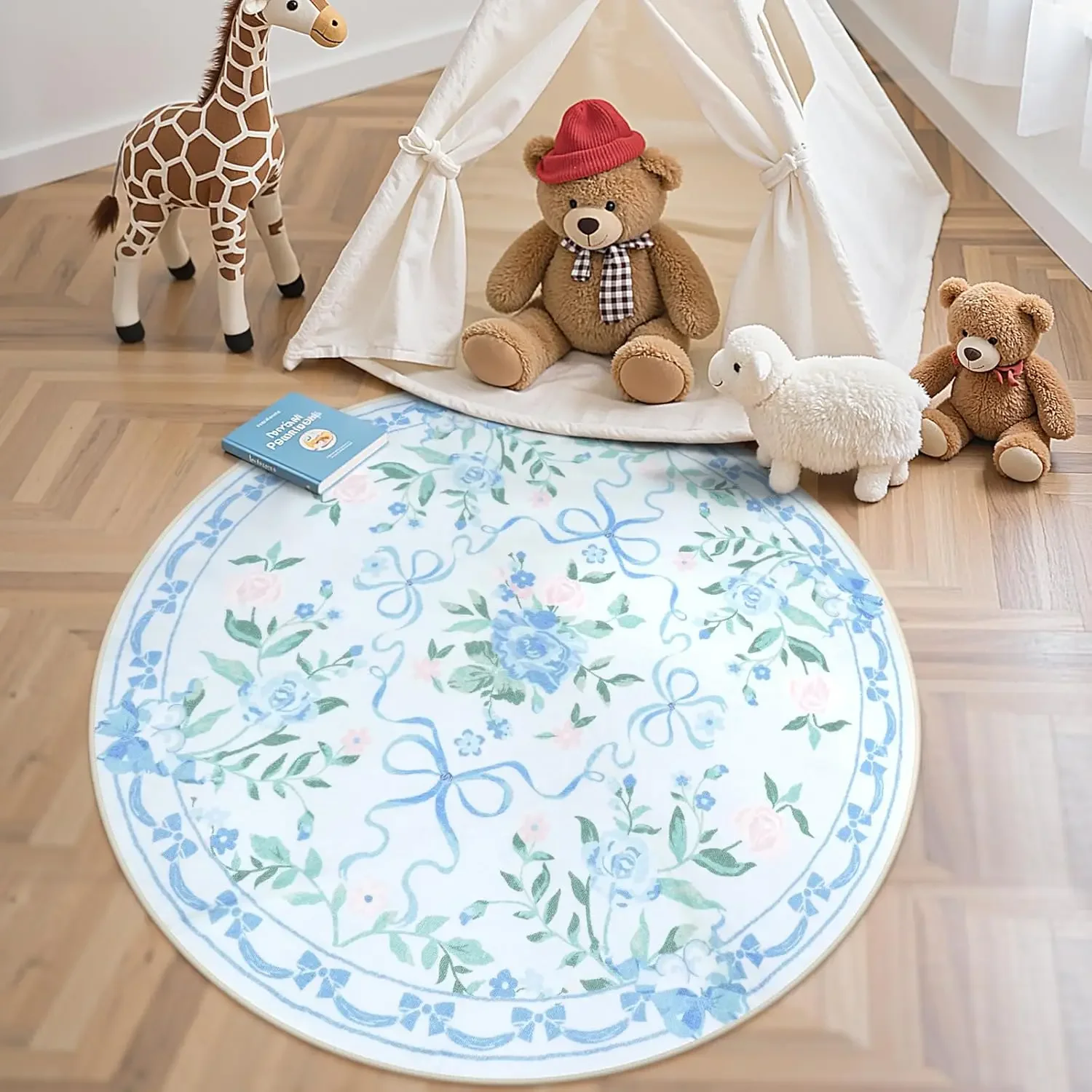 Runder Blumenteppich, verziert mit blauem und rosa Blumenschleifenmuster, Bodenmatte für Zuhause, Wohnzimmer, Dekoration, Teppich