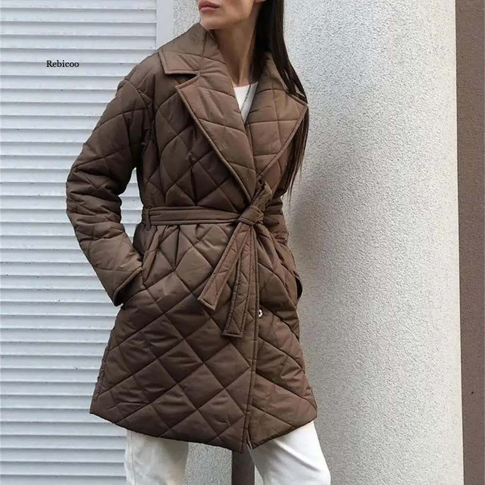 Elegant Lace-Up Pocket Women Parkas Coat Winter Office Lady Long Sleeves Lapel Loose Female Solid Warm Coat