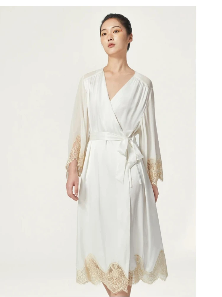 Women 19 Momme 100% Mulberry Silk Robe Luxury French Lace Trim V Neck 3/4 Flare Sleeve Belted Bathrobe Elegant Bridal Loungewear