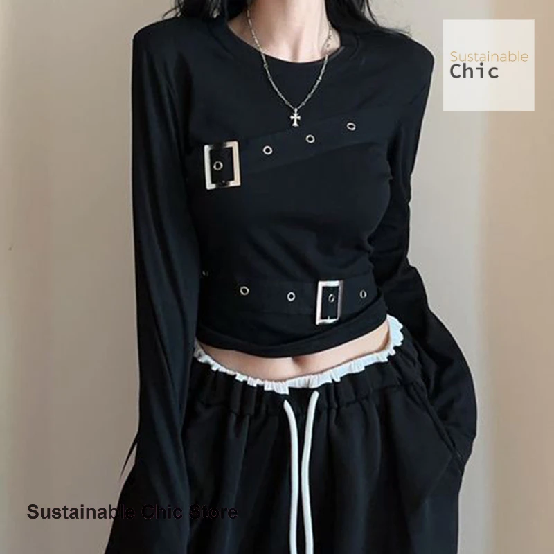 American spice girl round neck black bottoming shirt Joker long sleeve T-shirt women's spring and autumn new slim short top