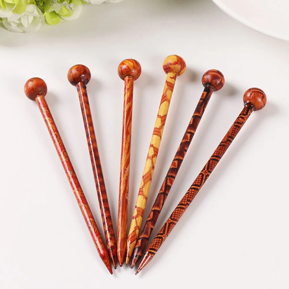 

6pcs Wooden Hairpin Retro Ethnic Style Printing Hair Stick Vintage Lightweight Hair Accessory For Women Natural Look Hairstyle
