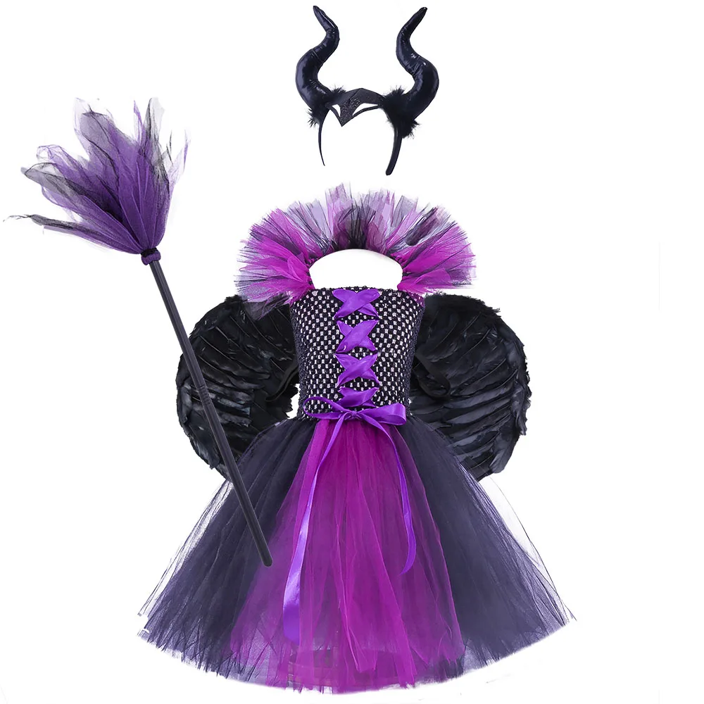 

Purple Black Dress Girls Halloween Costume Tutu Dress Evil Queen Kids Party Dresses Cosplay Witch Costume with Horn Wing Broom