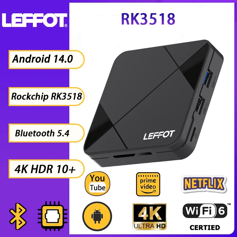 LEFFOT RK3518 Android 14.0 Smart TV Box رباعي النواة 4K HD Wifi6 BT5.4 مساعد صوتي مشغل الوسائط RK3518 فك التشفير