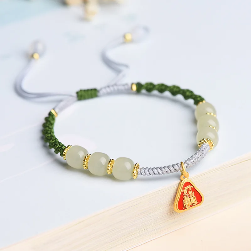 

Женская бусина Hetian Jade Fortune, китайский стиль, нишевый дизайн, ручная работа, персонализированный браслет лучшего друга, ручная веревка