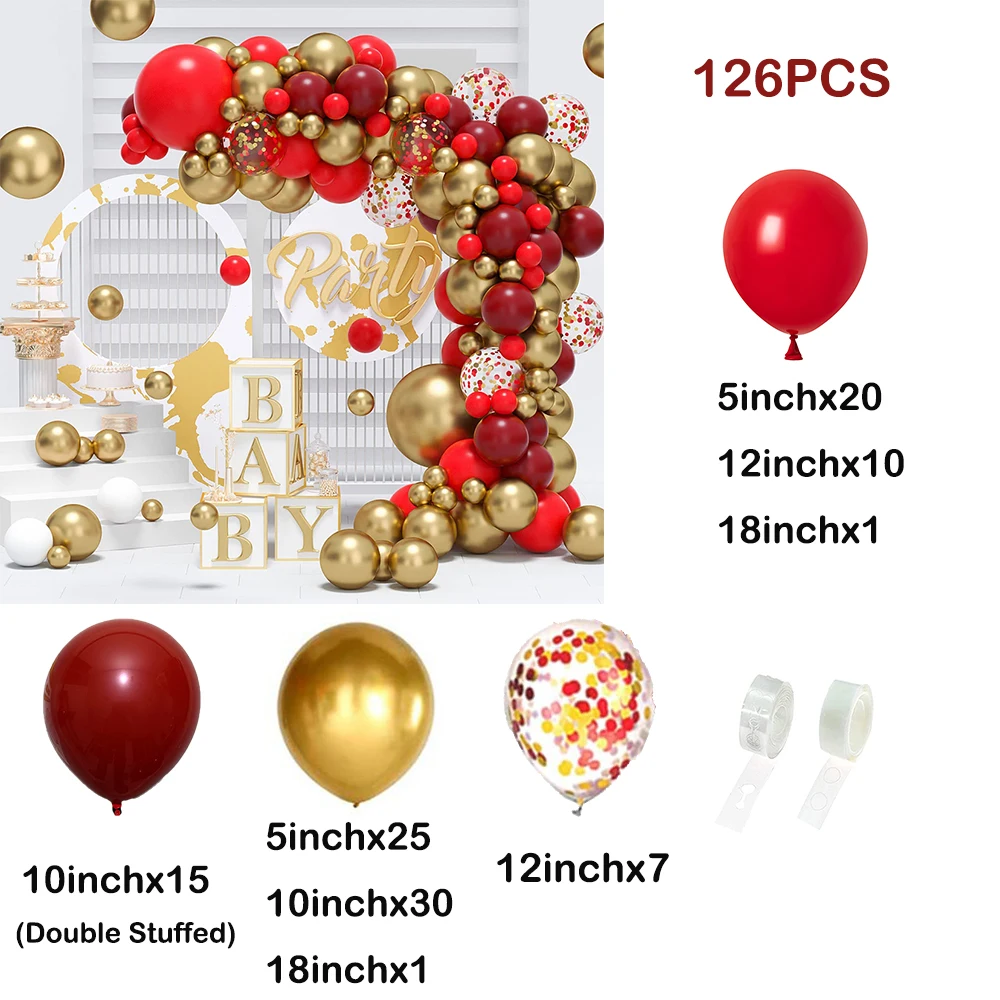 126pcs Red Gold Balloons Arch Garland Kit Confetti Double Stuffed Ballons Birthday Party Decor Wedding Bridal Shower Graduation