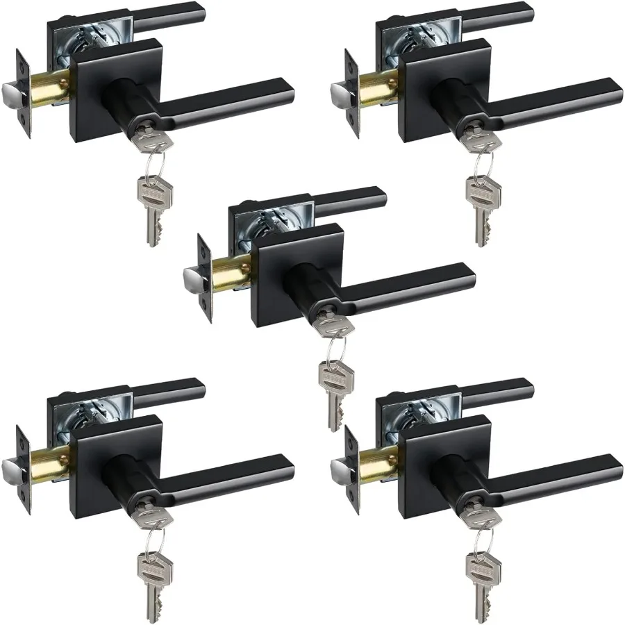 

Heavy Duty Square Interior Door Lever with Lock for Front Door and Office Entry Matte Black Finish Reversible Design for Right