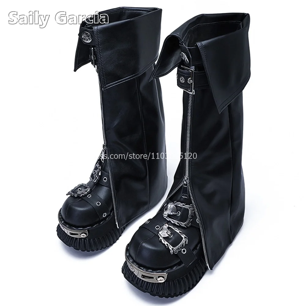 

Punk Style Metal Decorate Front Zipper Chunky Heel Boots Autumn New INS Fashion Casual Motorcycle Boots Round Toe Platform Shoes