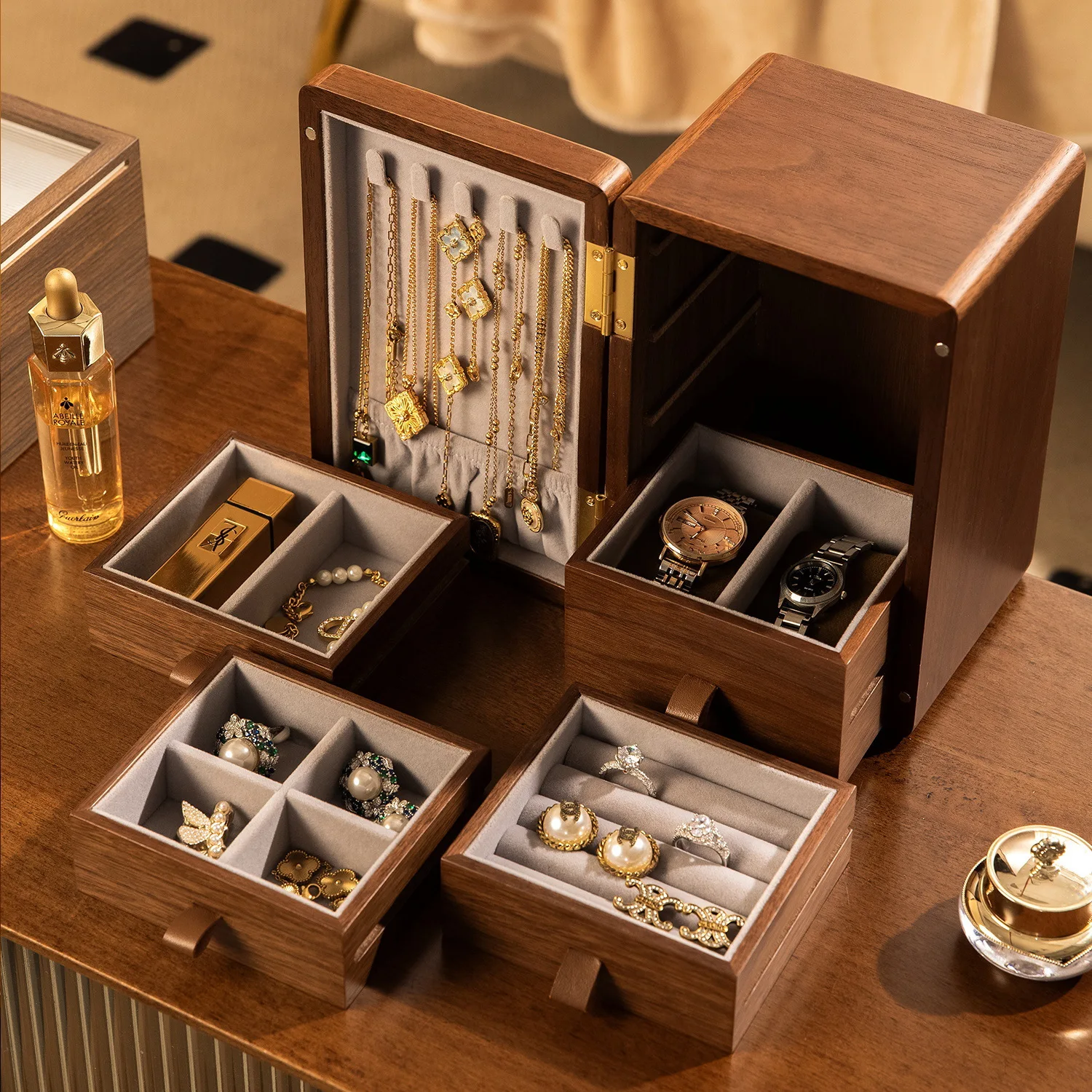 Schmuck Aufbewahrungsbox Massivholz Schmuck Ring Halskette Mehrschichtige funktionale Schublade Licht Luxus High-End Gold Holz Schmuckschatulle