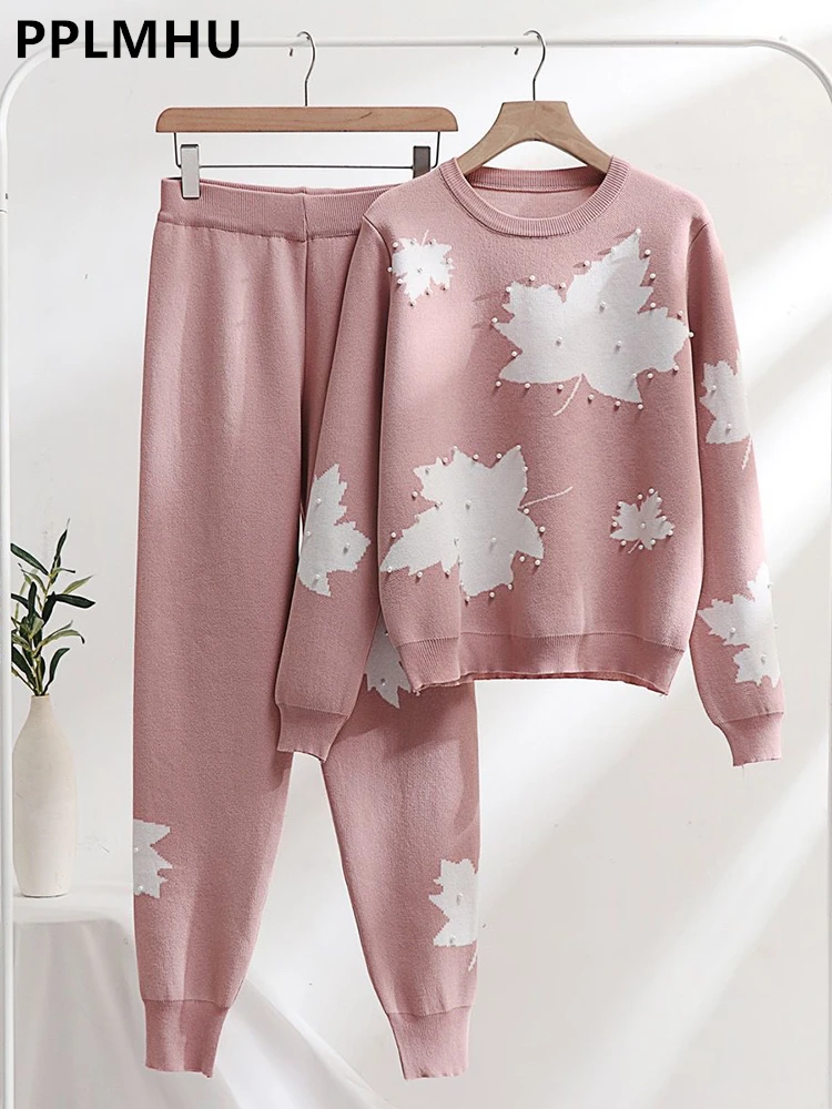 Beading Sweater Pullover 2 Piece Sets Women Maple Leaf Print Knitwear Jumper Suits High Waist Knit Harem Jogger Pants Conjunto