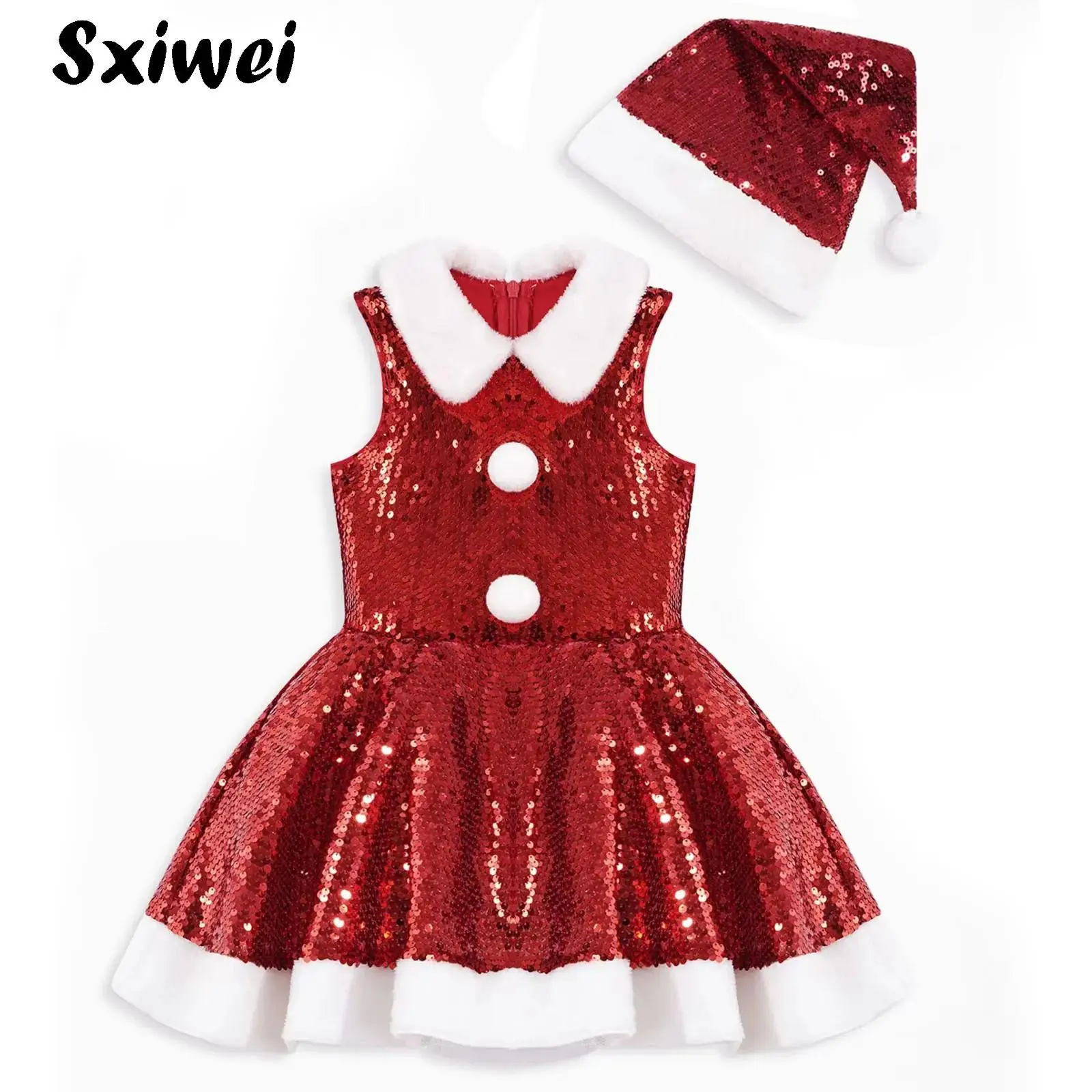 

Girls Sequins Ballet Tutu Dress Christmas Dance Costume Sleeveless New Year Santa Claus Cosplay Outfits Performance Dancewear