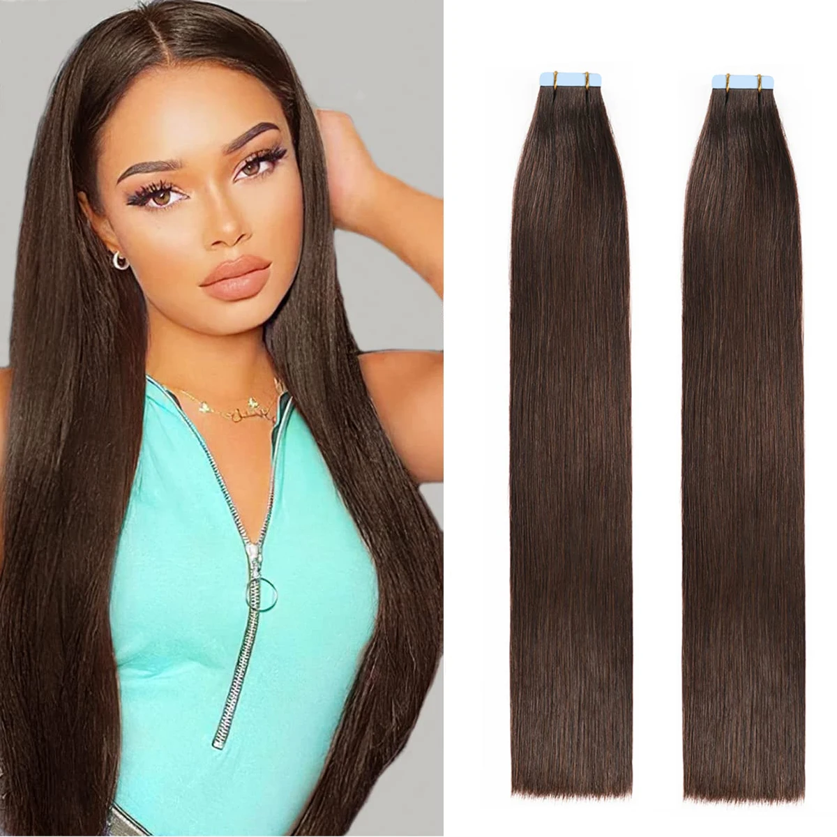 Tape-in-Extensions de cheveux humains pour femmes, cheveux raides brésiliens, 100% cheveux humains, brun foncé #2, 20 pièces