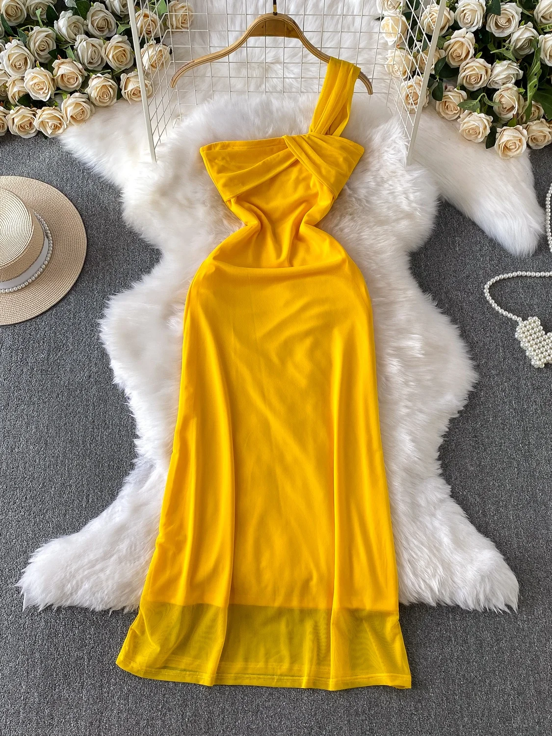 فستان أنيق بعقدة على الكتف الواحد للنساء، فستان صيفي أبيض وأصفر من الشبكة، خصر نحيل، فستان طويل على شكل A، ستايل كوري، خصر مر... #1