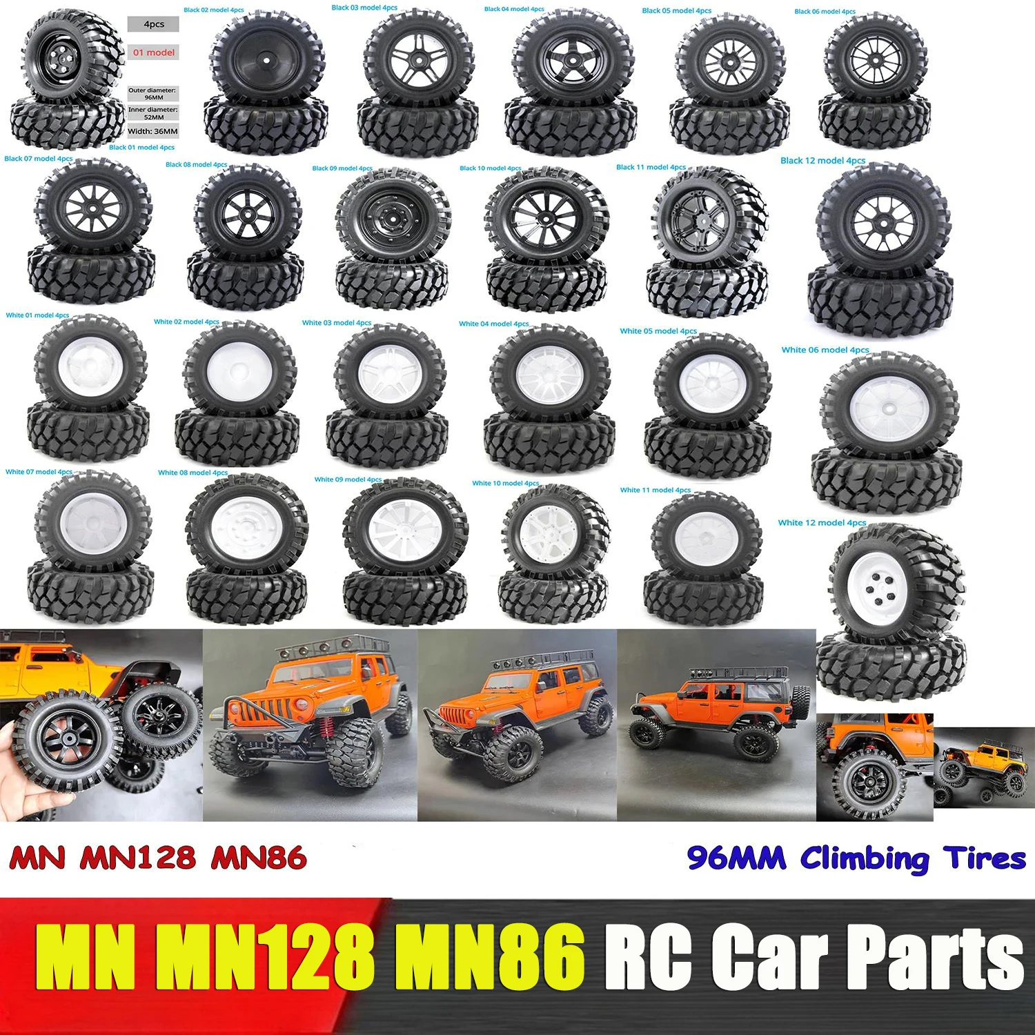 MN MN128 MN86 RC Car Spare Parts Upgrade Modified 1.9 Inch 96mm Climbing Car Wheel Skin + Hub + Sponge Liner