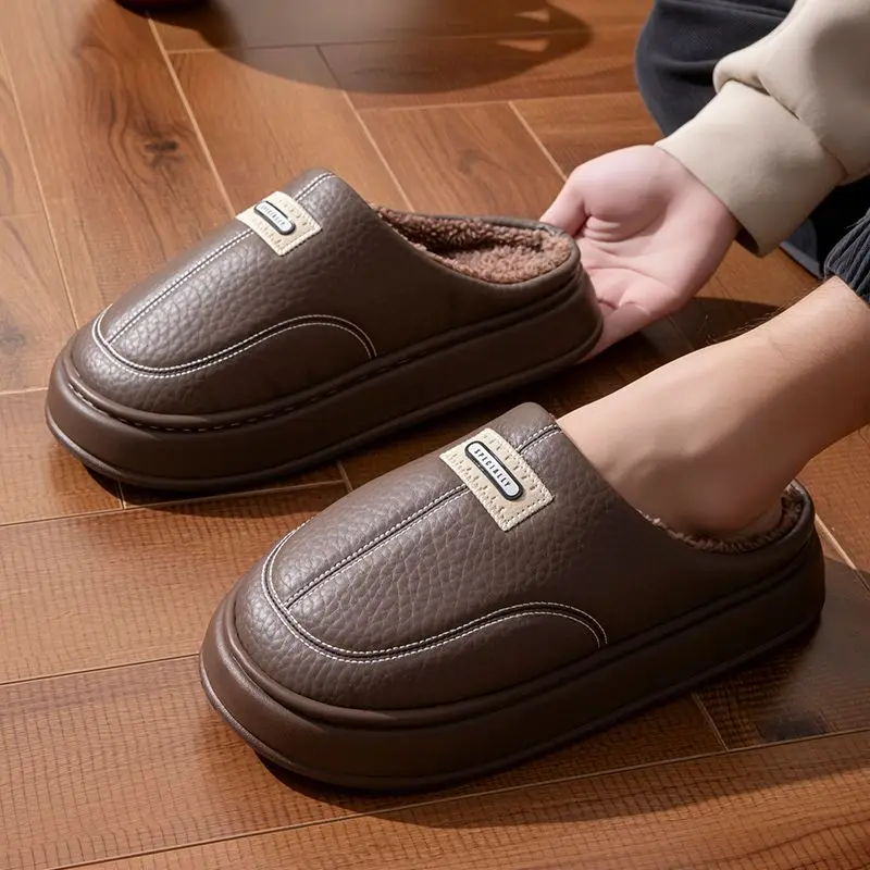 

​Plus Size Men's Indoor Waterproof Anti Slip Warmth Fleece Lined Thick Sole Cotton Slippers Winter 2025 Home Use​ Footwear