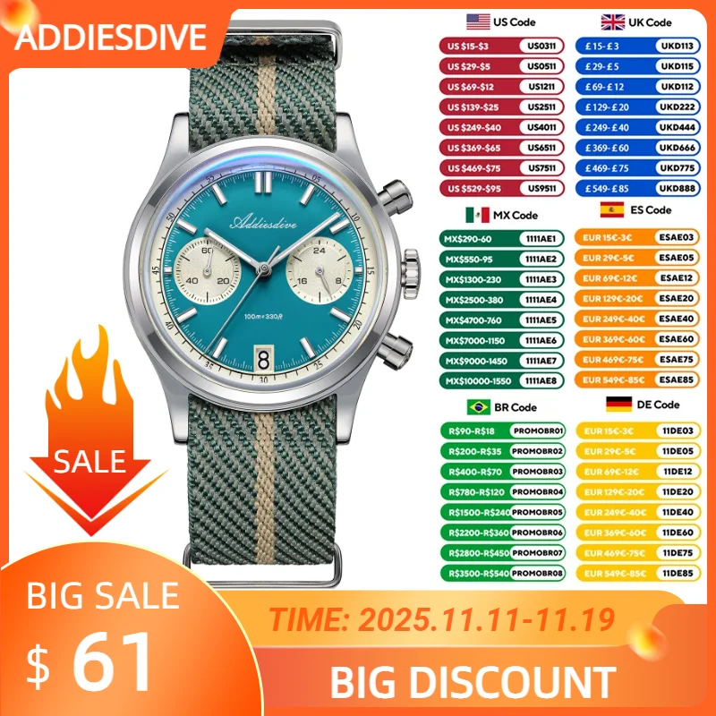 

ADDIESDIVE NEW VK64 Watch for Men Bubble Mirror Glass Chronograph Watches Luminous 100m Waterproof Men's Quartz Wristwatch 38mm
