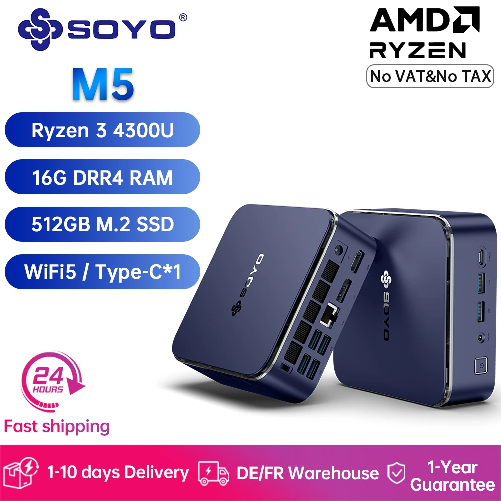 SOYO Mini PC Mini M5 AMD Ryzen 3 4300U CPU avec 16 Go DDR4 512 Go SSD, prise en charge de l'affichage 4K HDMI DP, Type-C WiFi5/BT4.2