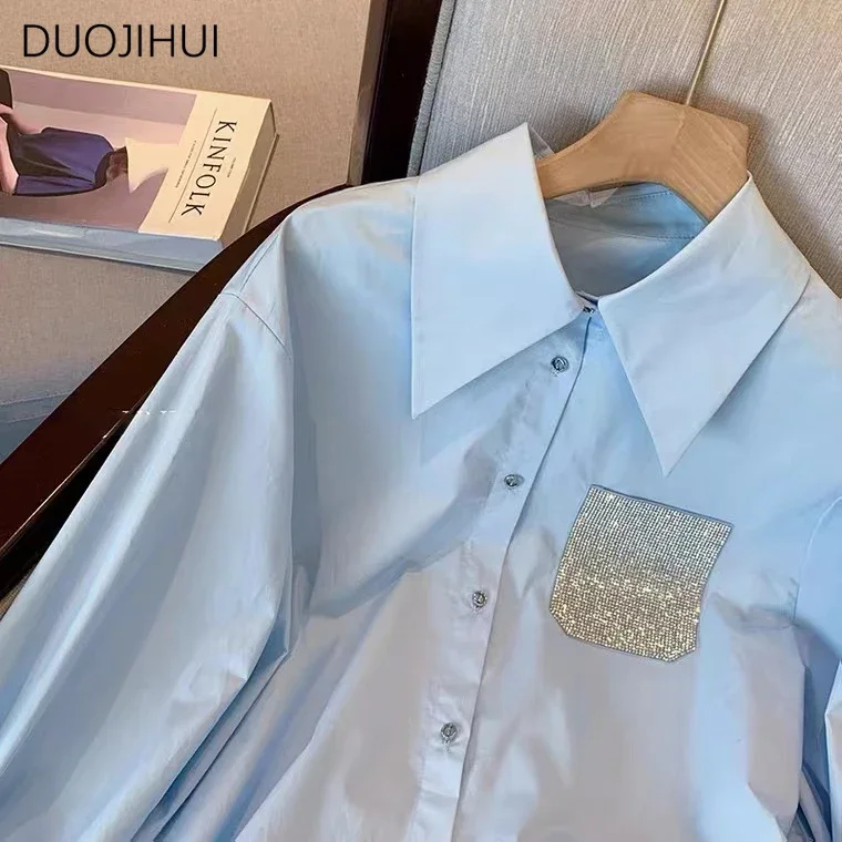 DUOJIHUI Blue Spring New Elegant Office Lady Loose Women Shirt French Chic Button Simple Casual Long Sleeve Fashion Female Shirt