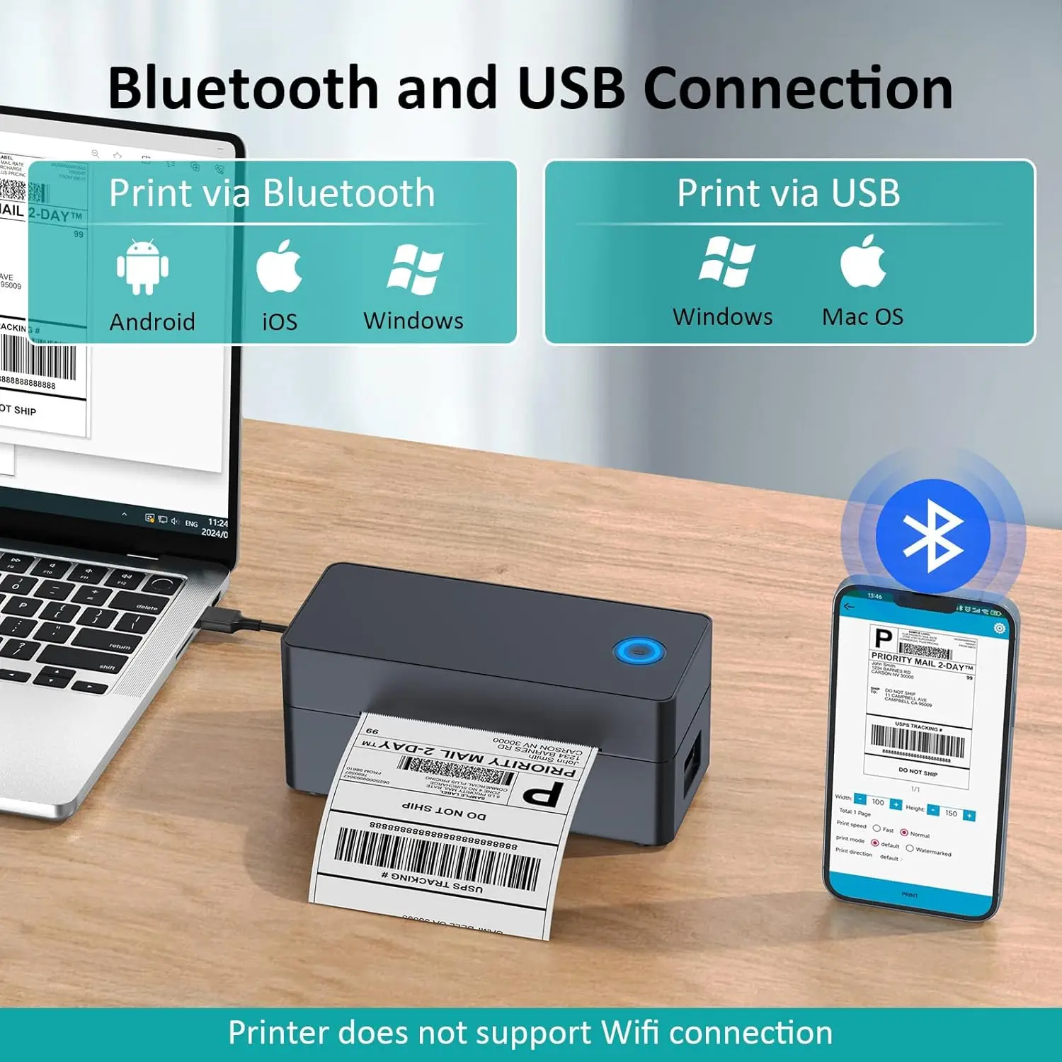 Express Package Waybill Wireless Shipping Label Printer 4x6 Bluetooth Thermal Label Printer Supports iOS Android Windows Mac