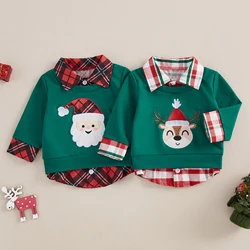 Toddler Boys Christmas Sweatshirt Plaid Santa Reindeer Long Sleeve Lapel Neck Casual Two Fake Piece Pullover T-Shirts