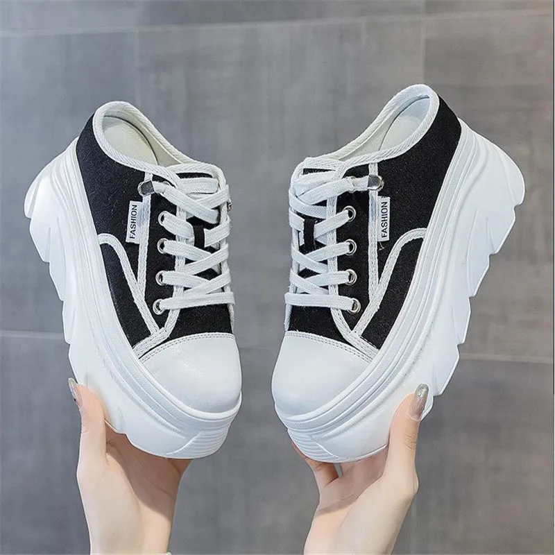 9cm Canvas Genuine Leather Women Summer Shoes Wedge Sneakers Platform Slippers Shoes Slip on Sandals Slideds High Heel