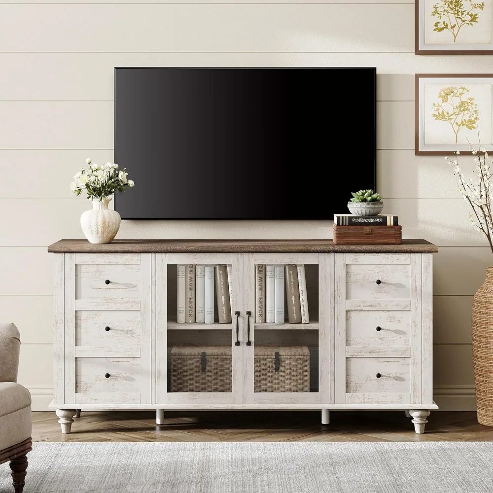 

Farmhouse TV Stand for TVs Up to 75 inches, Wood Cabinet with Glass Door & Adjustable Shelves,Entertainment Center for for Livi