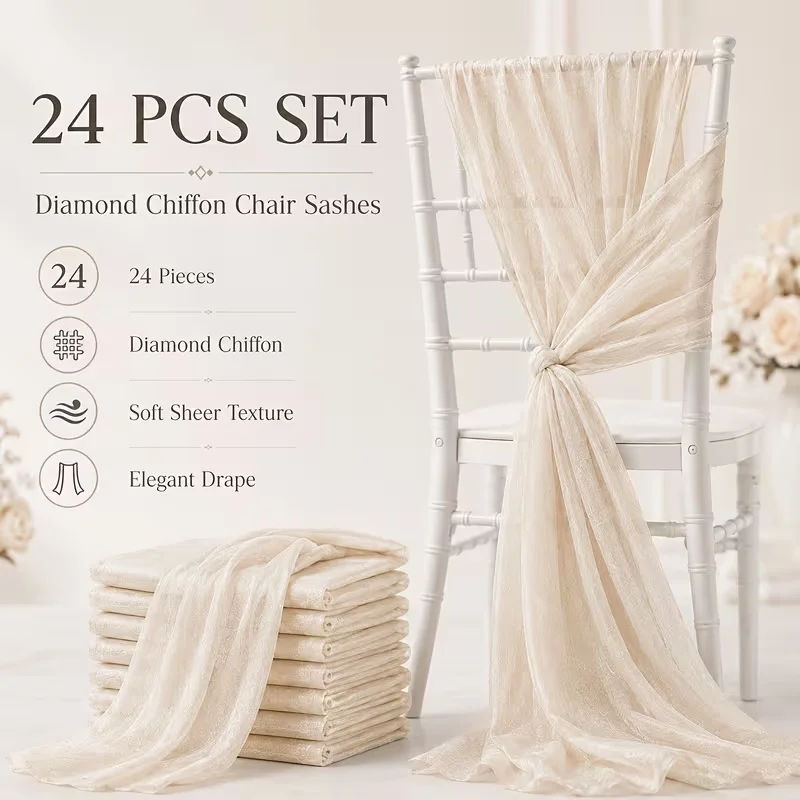 24PCS 17x250cm Chiffon Chair Sashes Wedding Chair Decoration For Wedding Aisle Decorations Party Banquet Event Baby Shower