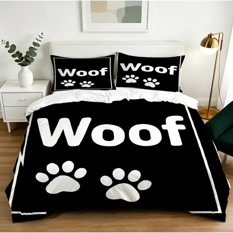 

Minimal Black Woof Dog Paw Print Duvet Cover Set Comforter Cover Bedding Set No Filler Soft For Pet Lover Bedroom Decor