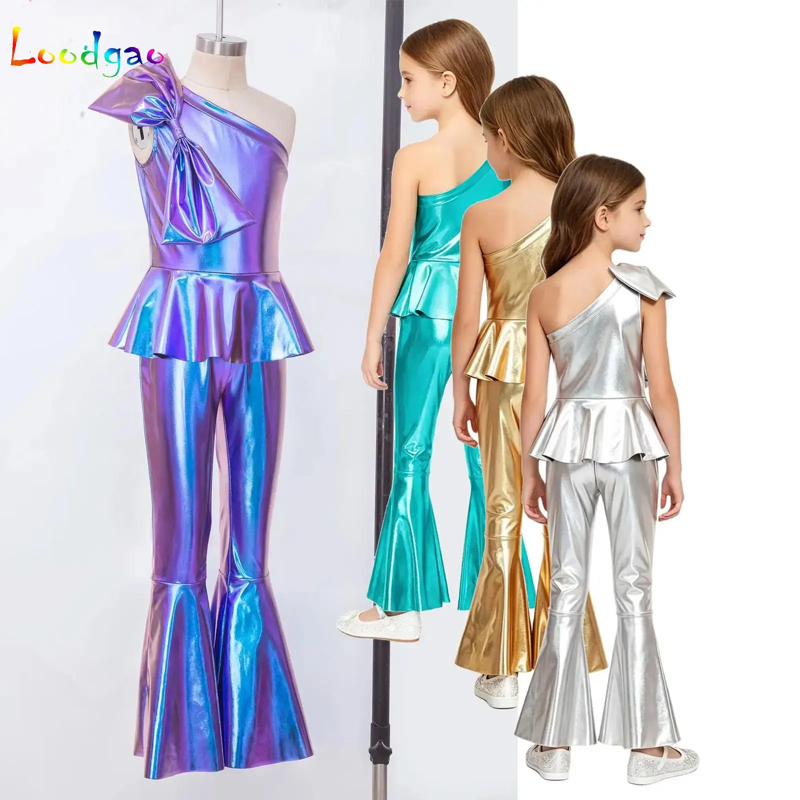 60s 70s Disco Vintage Jumpsuit Girls Metallic One Shoulder Bodysuit Hippie Bell Bottom Jazz Dance Carnival Rave Party Costume