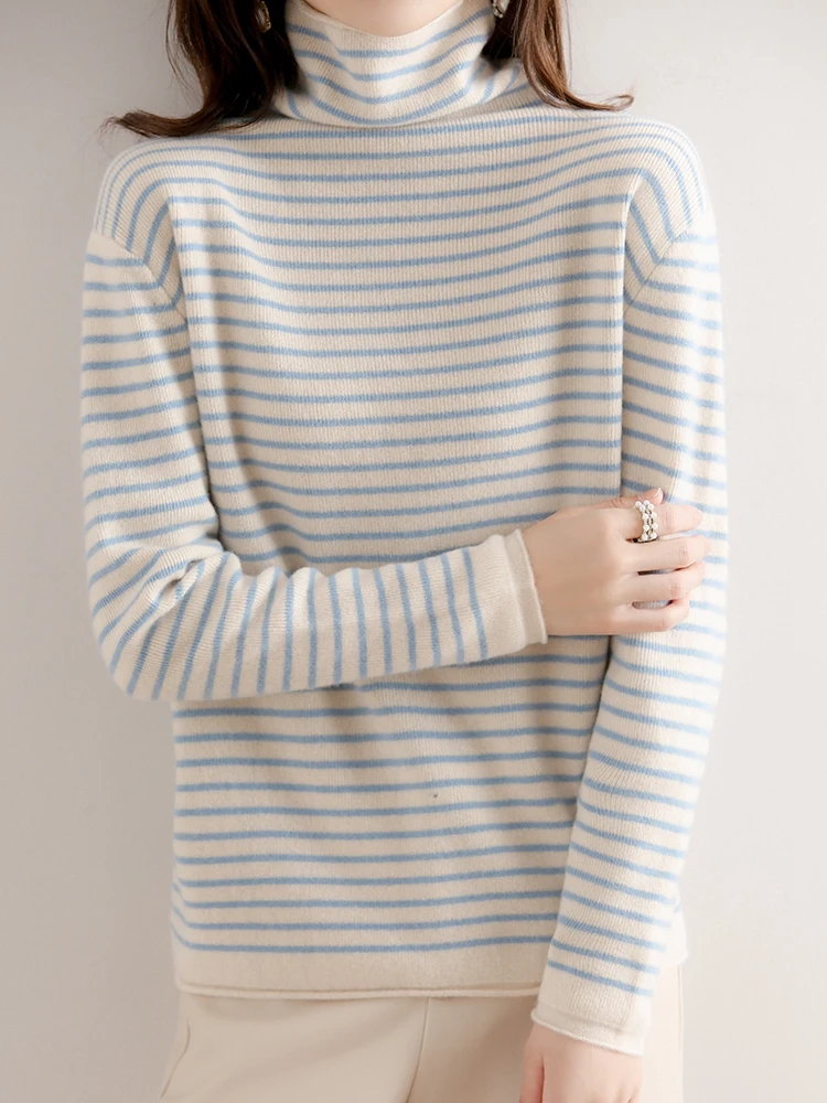 Striped Turtleneck Sweater for Women Autumn and Winter 2024 New Western Style Top Pile Collar Thickened Inner Wear Wool Sweater