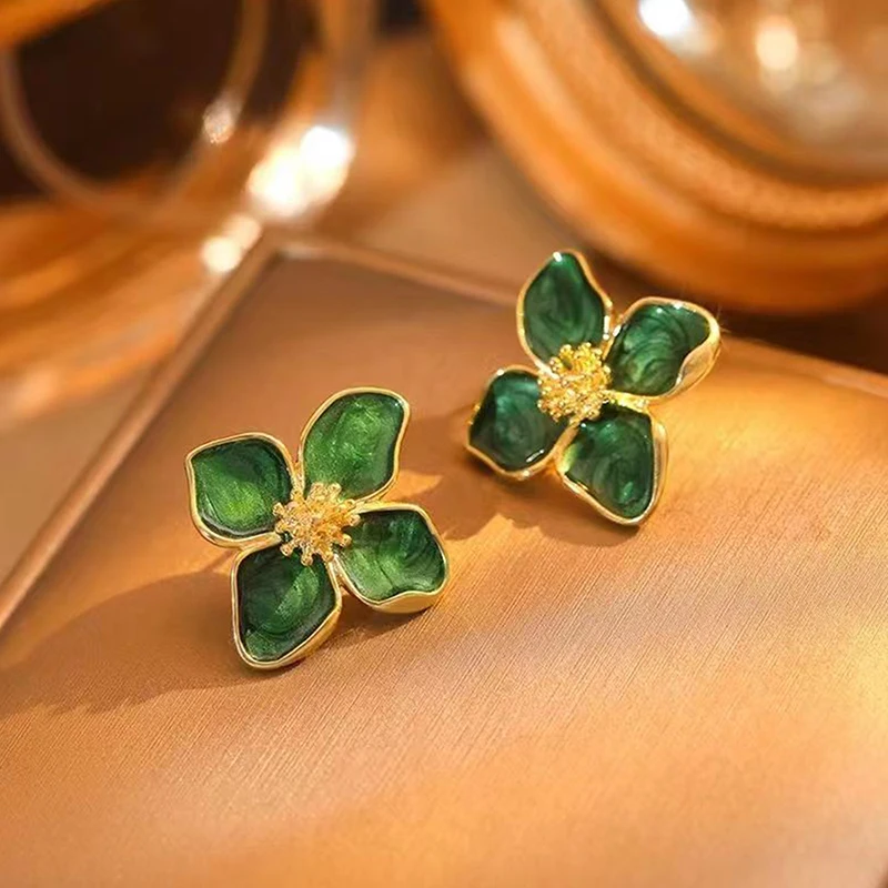 1Pair Roselle Dropped Glaze Flower Stud Earrings For Women Girl French Vintage Fashion Wedding Romantic Jewelry Gifts