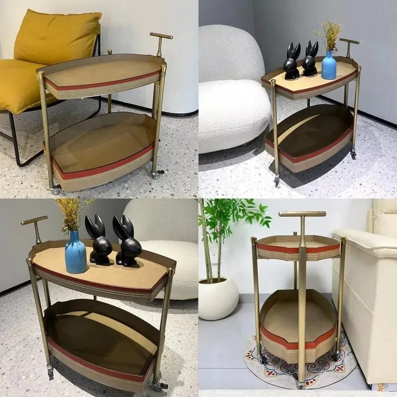 Modern Removable Sofa Side Table Stainless Steel Frame with Wheels Rotating Creative Saddle Leather Living Room Trolley