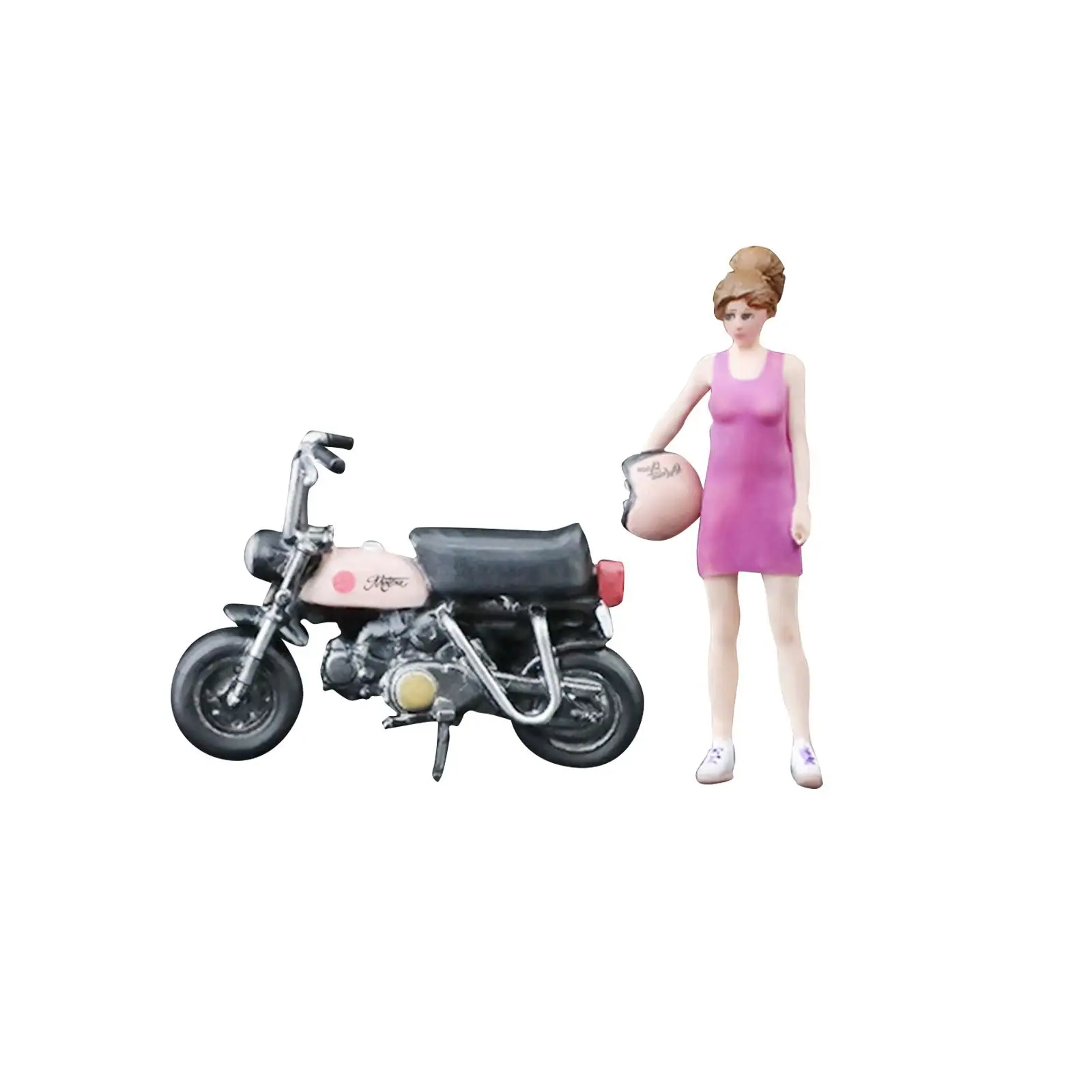 

1:64 Girl with Motorcycle Photo Prop Miniature Painted Figure for Dollhouse Diorama Scenery Landscape Photography Props Layout