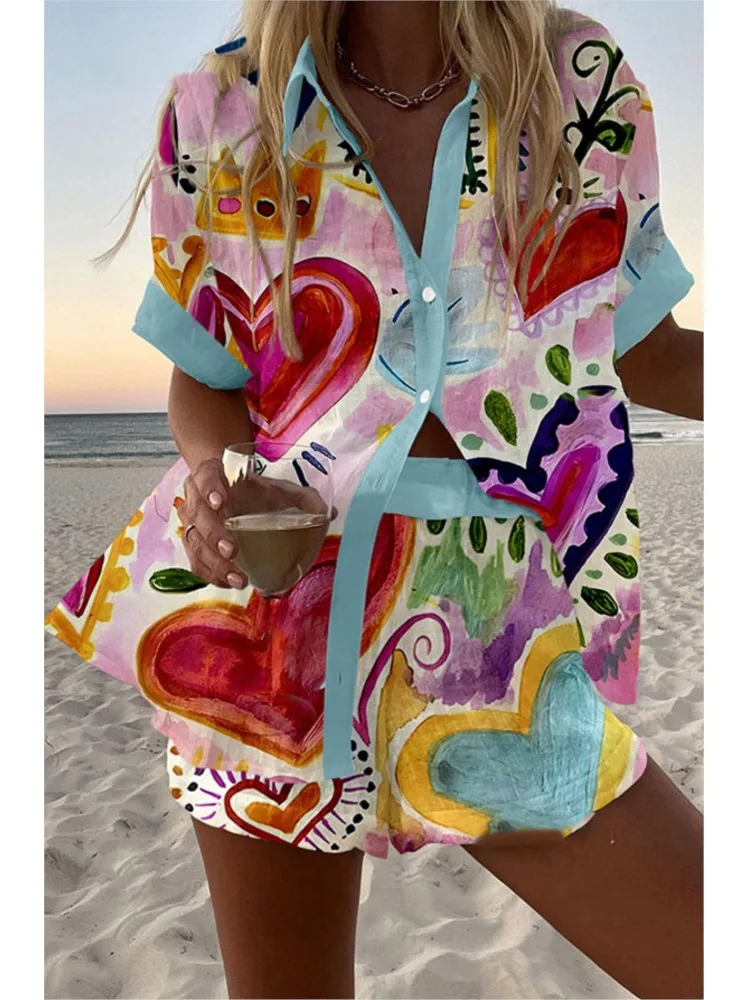 

Casual Summer Top Women's Suit Two-piece Set New Print Fashion Elegant Office Holiday Top Button Casual Woman 2 Piece Set Outfit